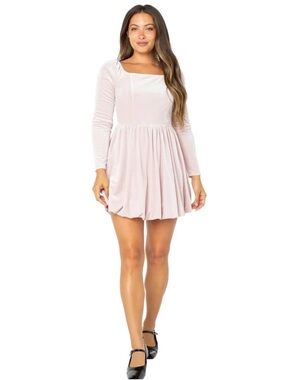 Long-Sleeve Square Neck Blush Velvet Pink Skater Dress - New